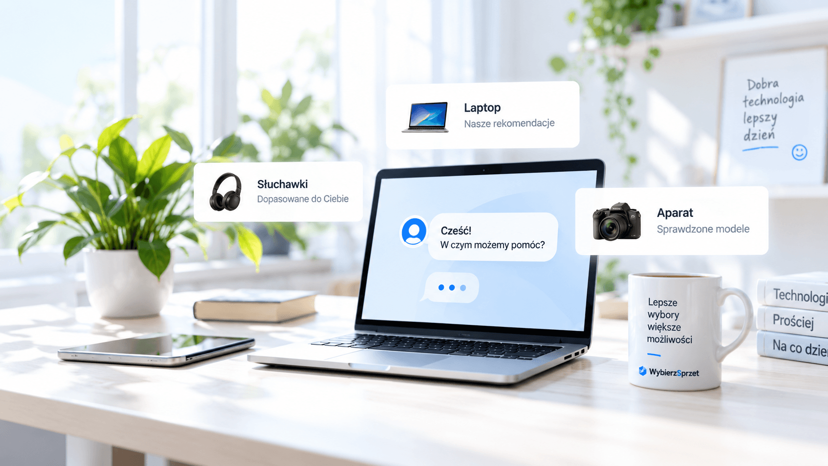 Laptop na jasnym biurku z rozmową o doborze sprzętu