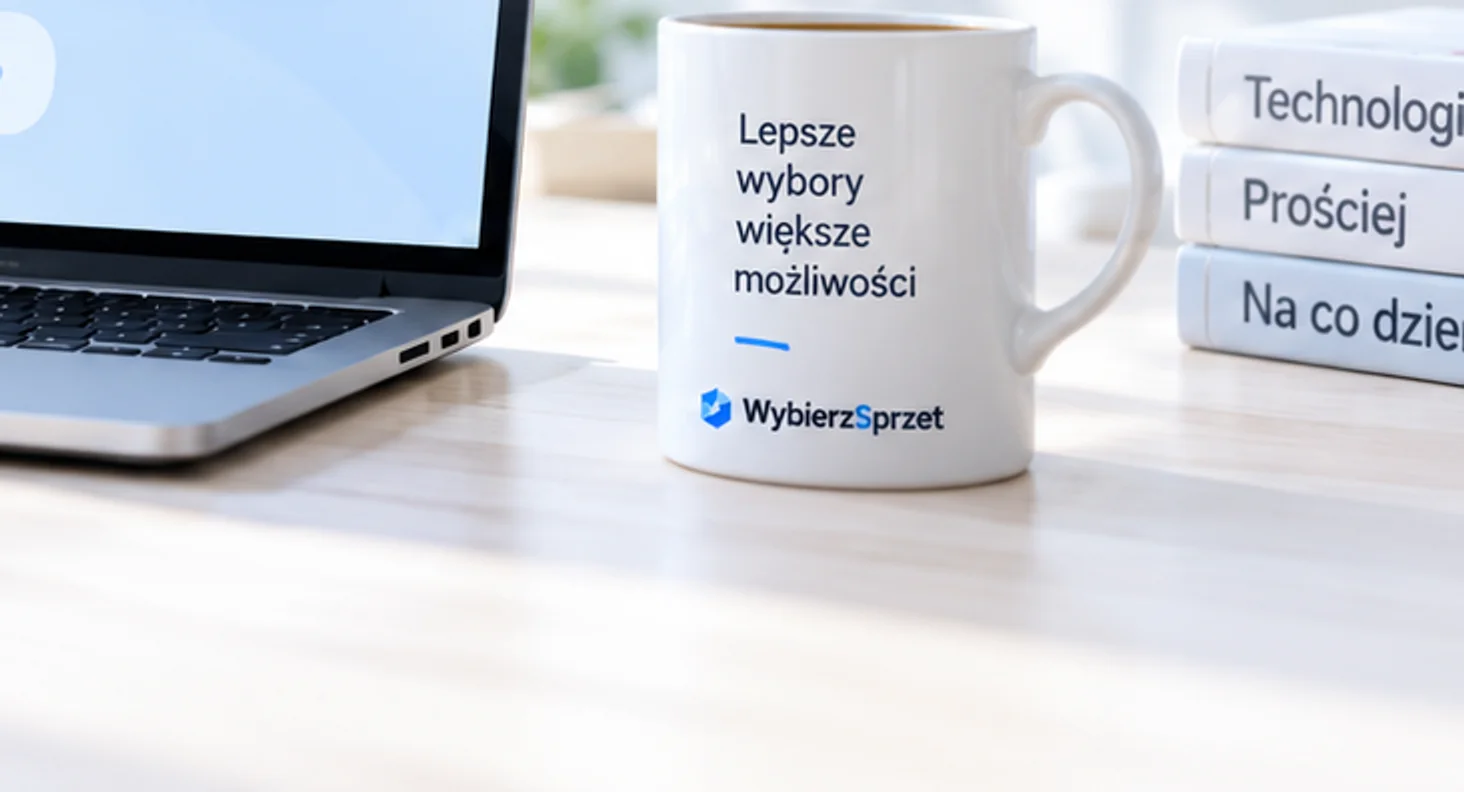 Jasne biurko redakcji: laptop, kubek WybierzSprzet i stos książek o technologii